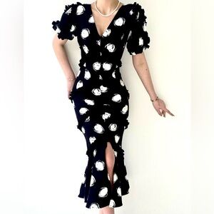 C/MEO Collective Dot Ruffle Tiered Fitted Midi Dress A